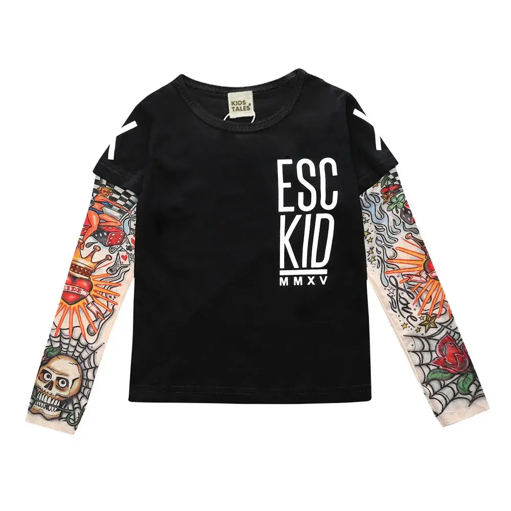 White Long Sleeve T-Shirt with Spliced Tattoo Sleeves