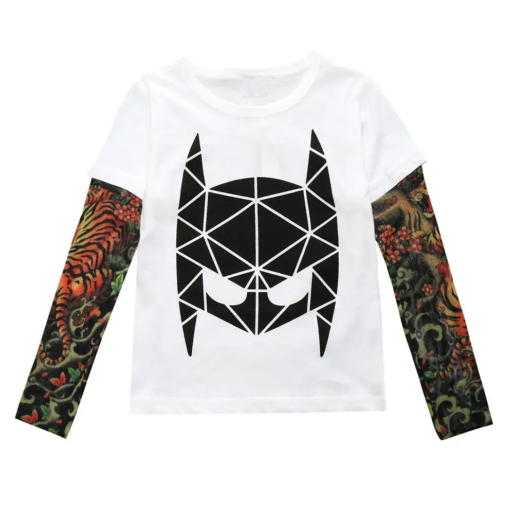 White Long Sleeve T-Shirt with Spliced Tattoo Sleeves
