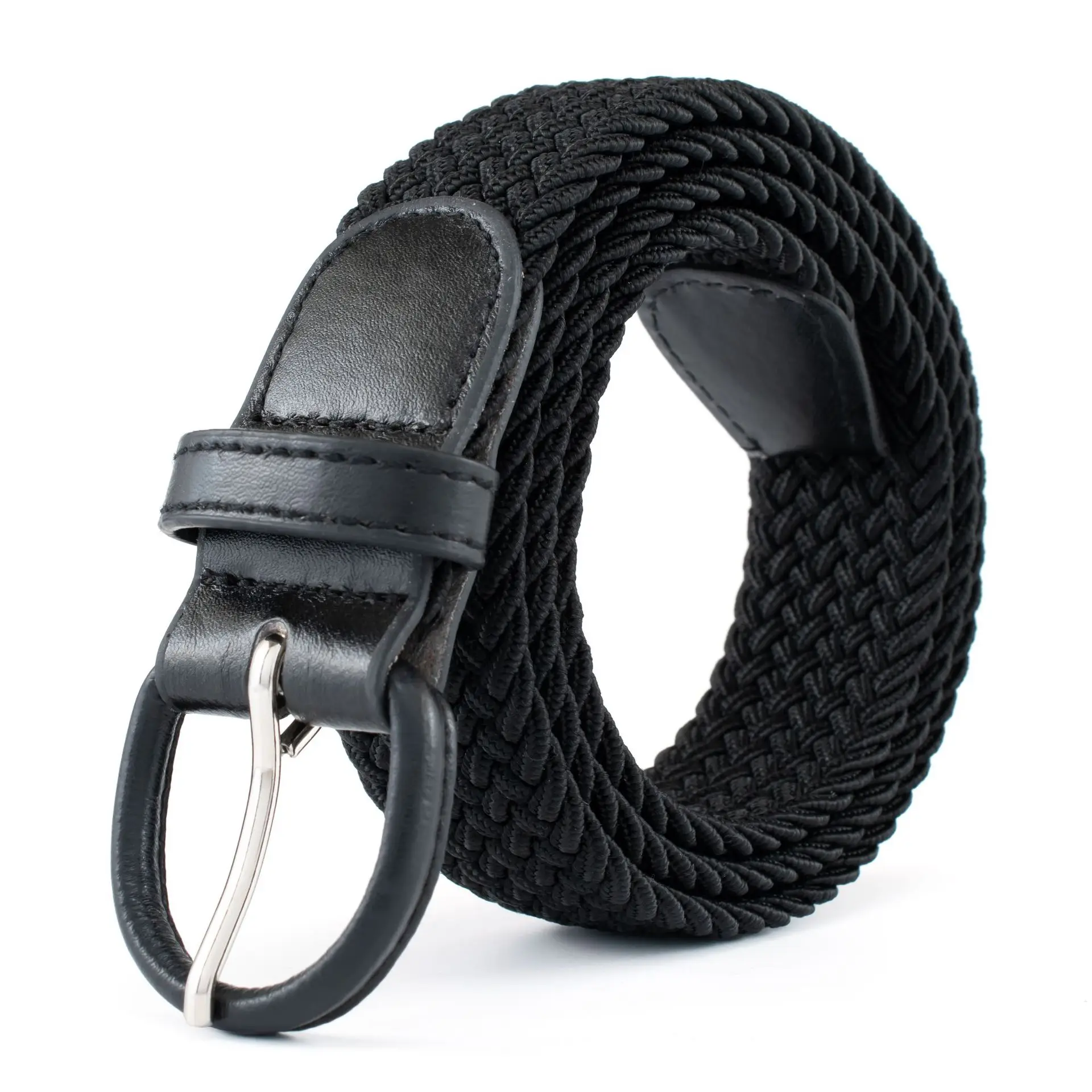 Men's Braided Elastic Belt Black Beige 3516A
