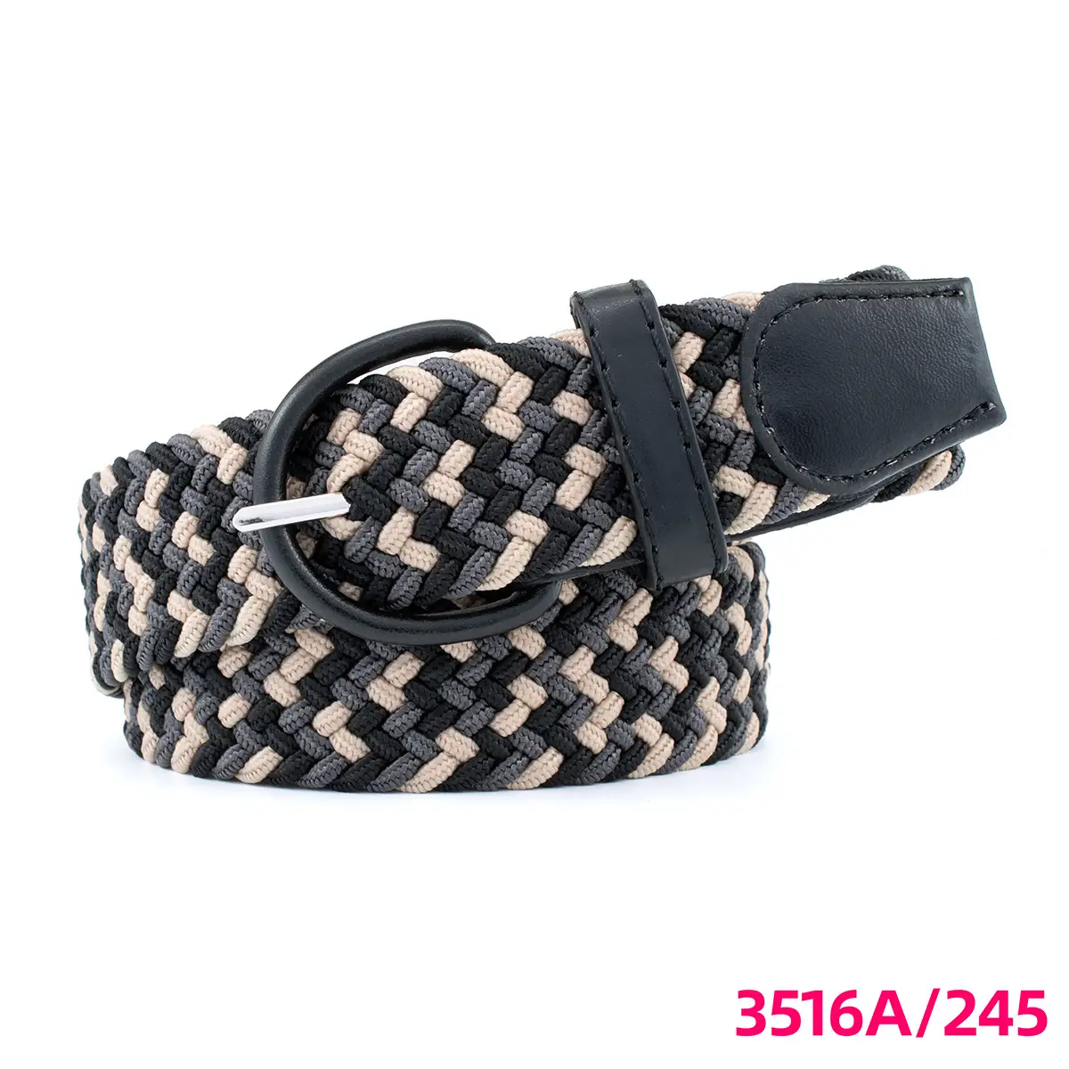 Men's Braided Elastic Belt Black Beige 3516A