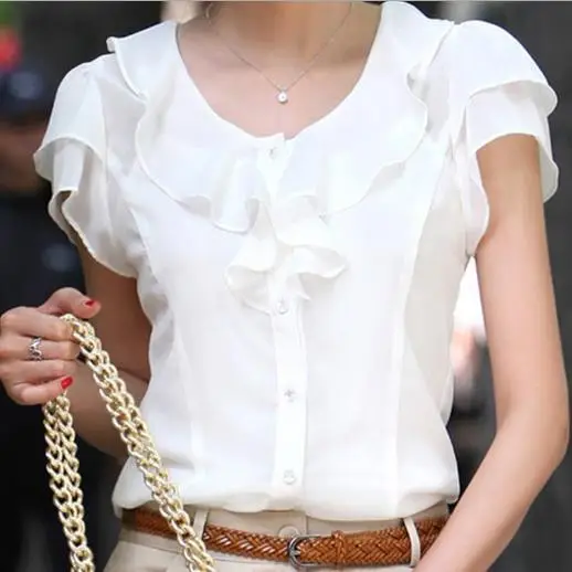 2025 Korean Style Chiffon Ruffled Blouse White Collar - Image 2