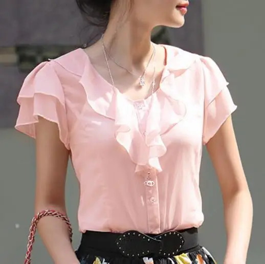 2025 Korean Style Chiffon Ruffled Blouse White Collar - Image 3