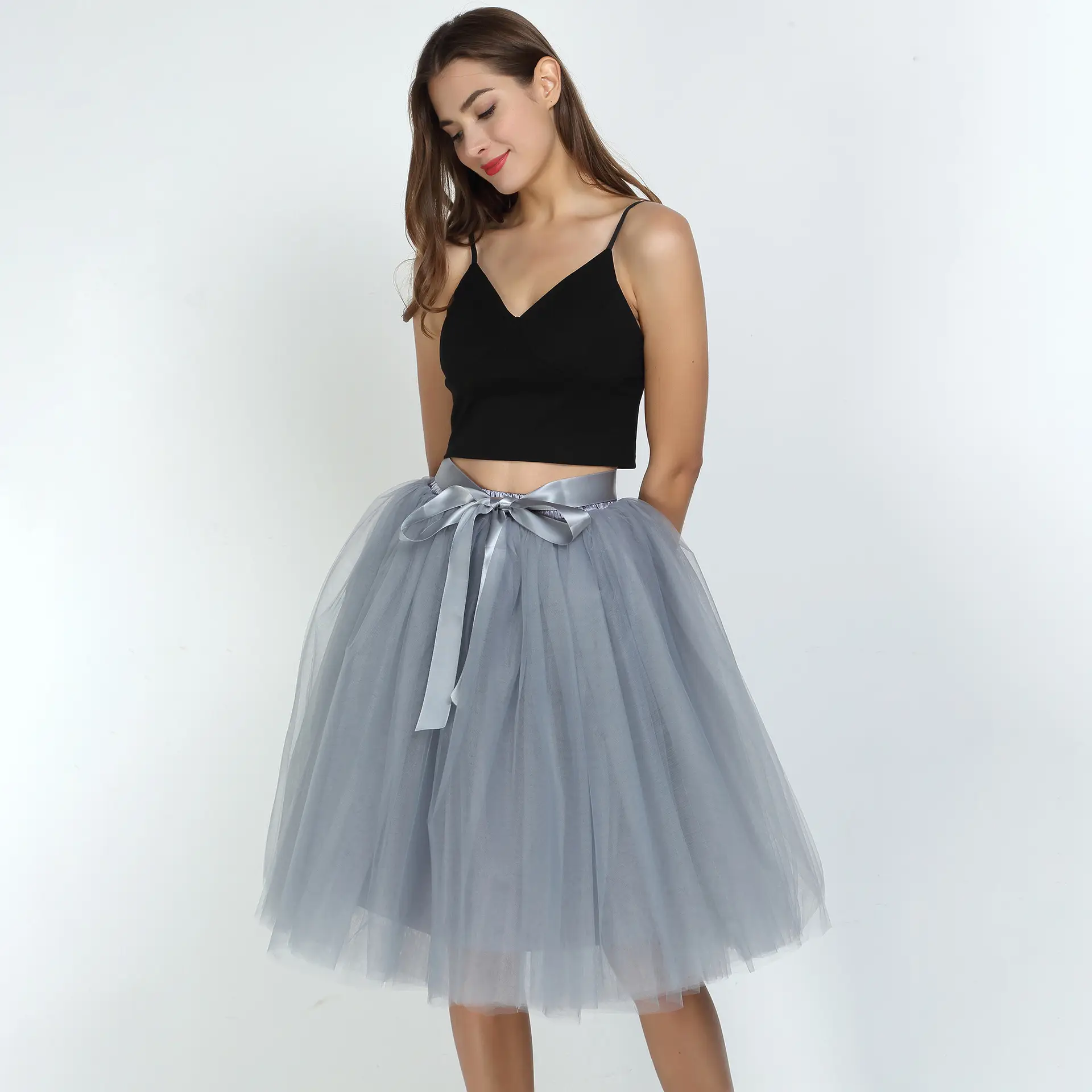 Grey Tulle Tutu Skirt with Belt for Women