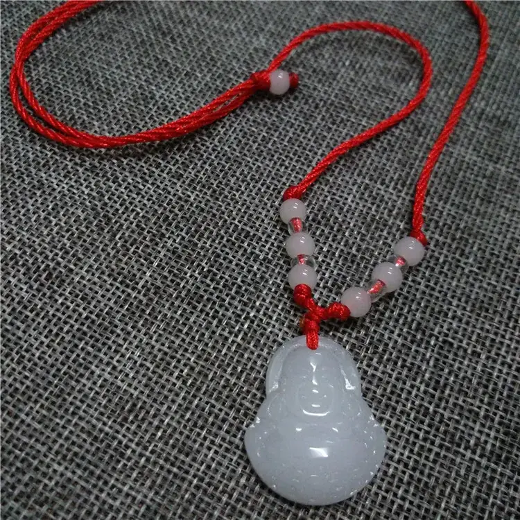 White Jade Guanyin Necklace Red Rope Peace Buckle