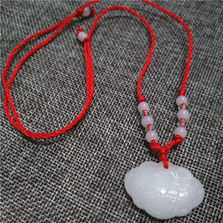 White Jade Guanyin Necklace Red Rope Peace Buckle