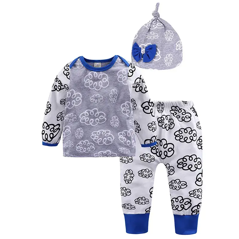 Baby Pajamas Set Blue Paw Print Long Sleeve Top & Pants with Hat