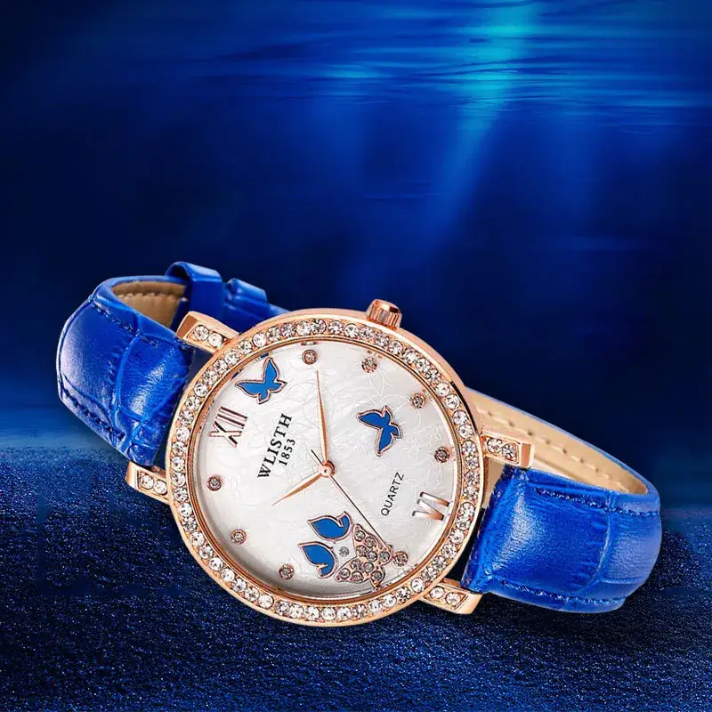 Women's Luxury Diamond Quartz Watch Blue Leather Band - Image 7