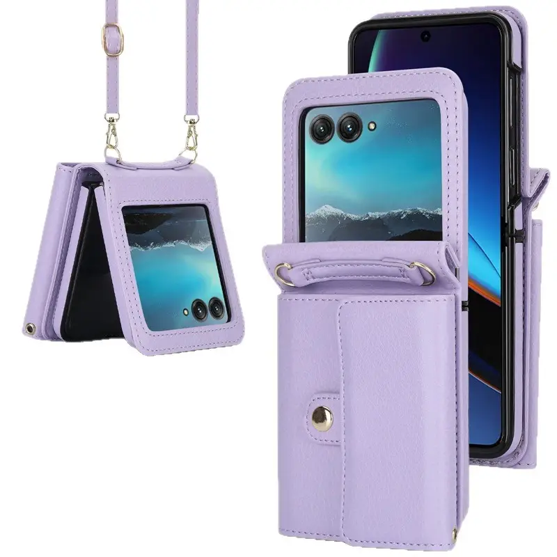 Red Leather Flip Phone Case with Strap for Moto Razr - Image 12