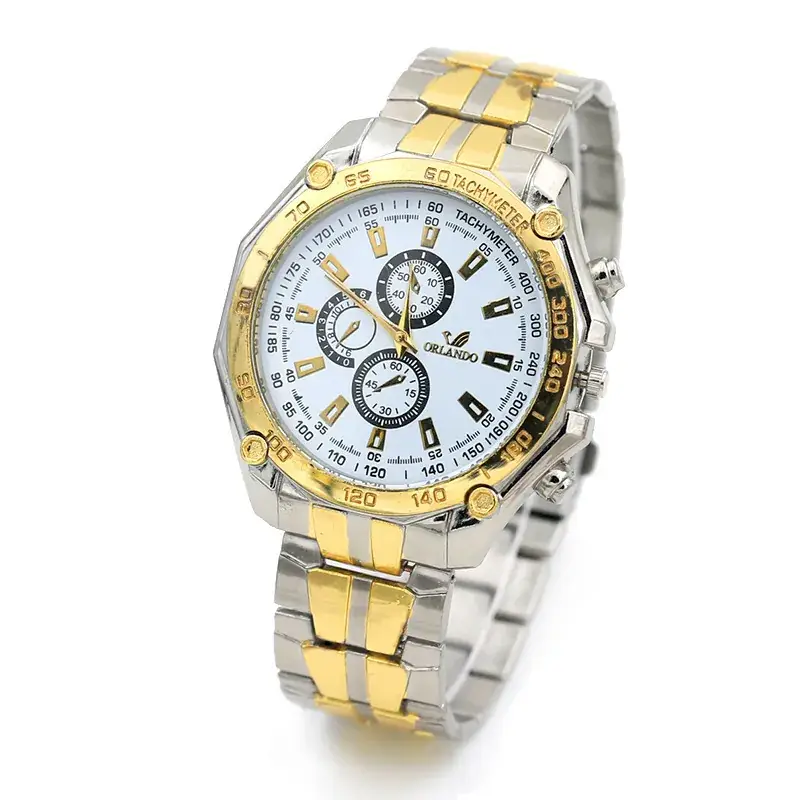 Gold Steel Strip Watch for Men with Three-Eye Dial
