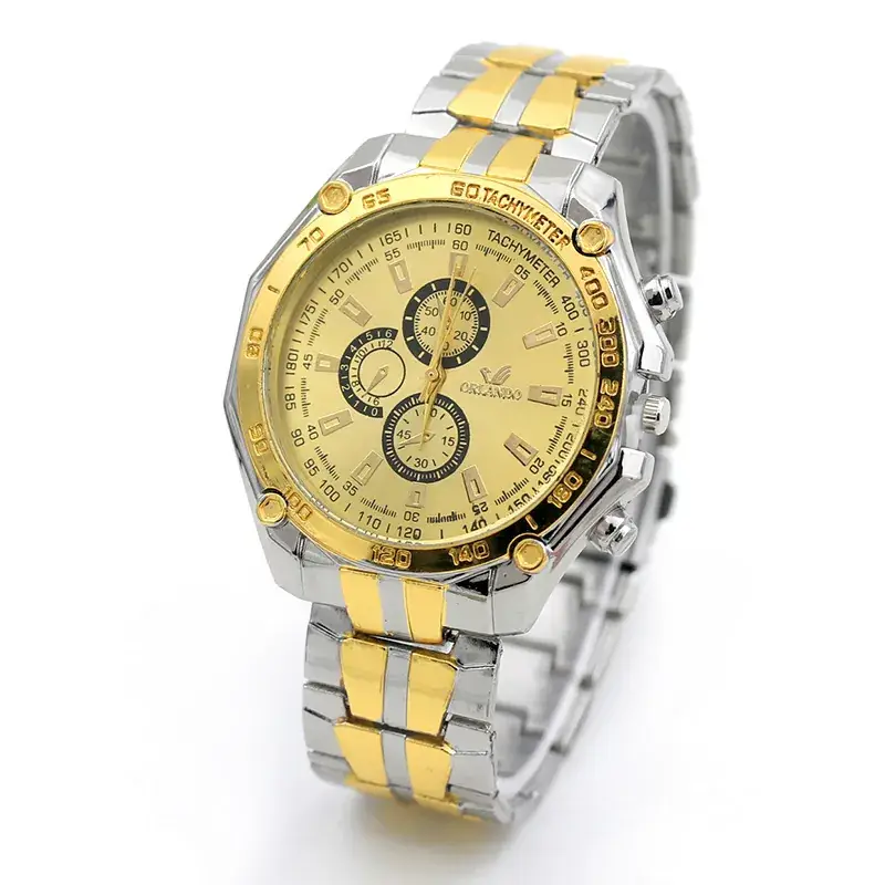 Gold Steel Strip Watch for Men with Three-Eye Dial