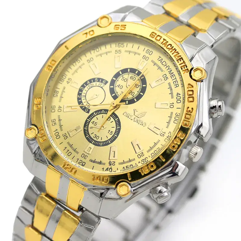 Gold Steel Strip Watch for Men with Three-Eye Dial