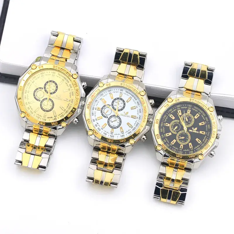 Gold Steel Strip Watch for Men with Three-Eye Dial