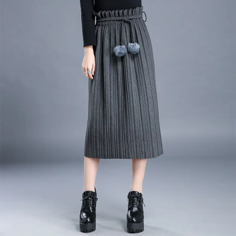 Women's Wool Pleated Skirt Green Ball Pom Pom High Waist - Image 4