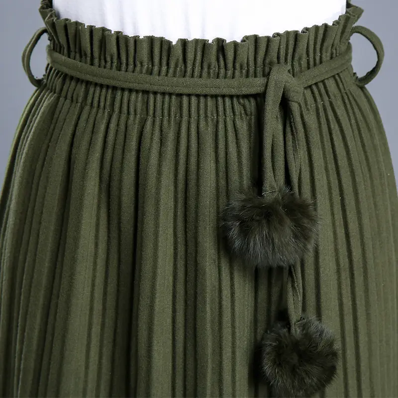 Women's Wool Pleated Skirt Green Ball Pom Pom High Waist - Image 5