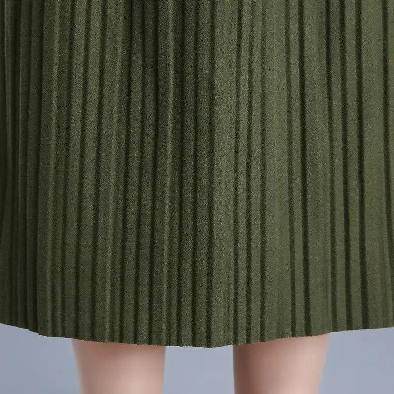 Women's Wool Pleated Skirt Green Ball Pom Pom High Waist - Image 6