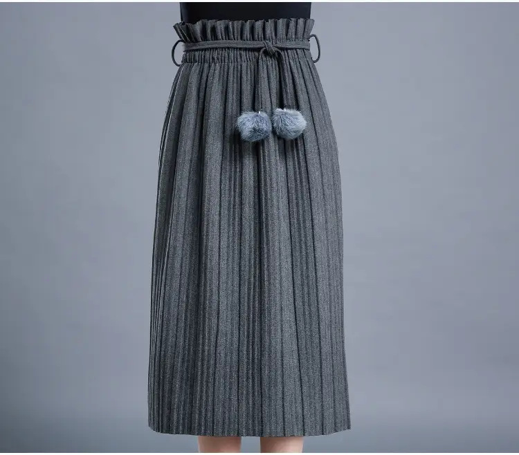 Women's Wool Pleated Skirt Green Ball Pom Pom High Waist - Image 2