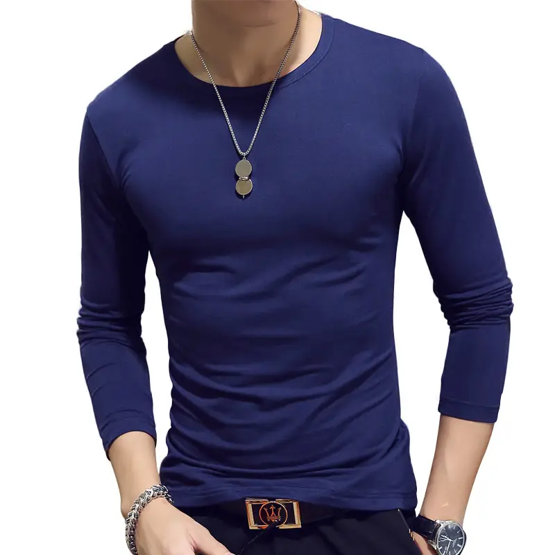Men's Navy Solid Long Sleeve Slim T-Shirt V-Neck Round Neck - Image 7