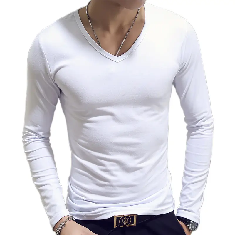 Men's Navy Solid Long Sleeve Slim T-Shirt V-Neck Round Neck - Image 8