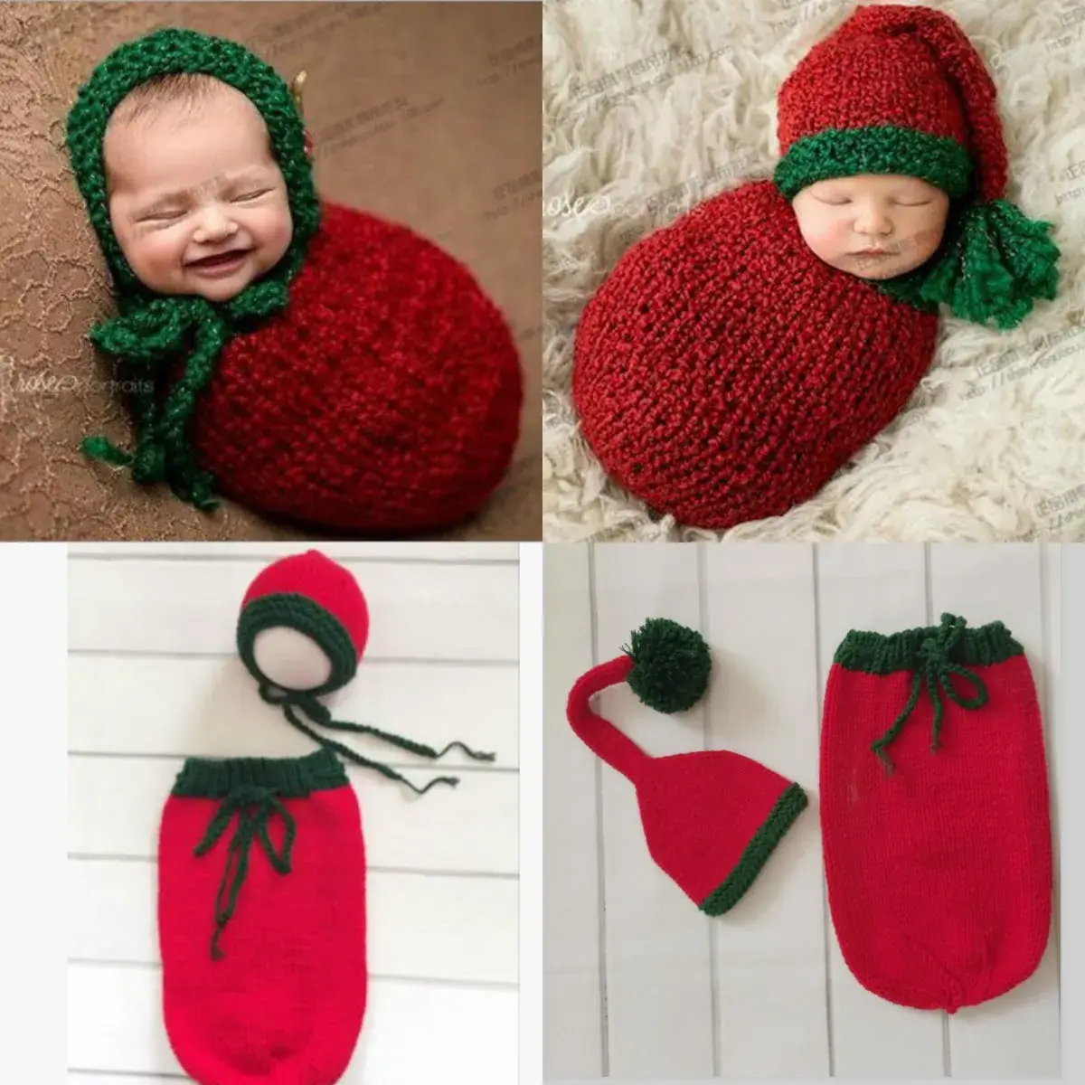 Newborn Knitted Sweater Suit Red Green Handmade Wool - Image 4