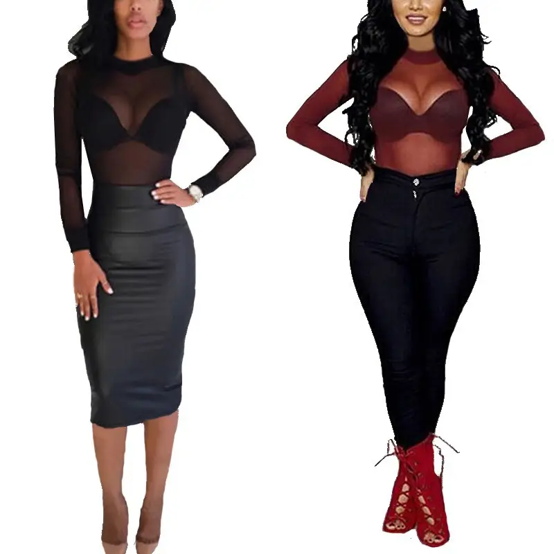 Black See-Through Elastic Top with Long Sleeves for Women - Image 5