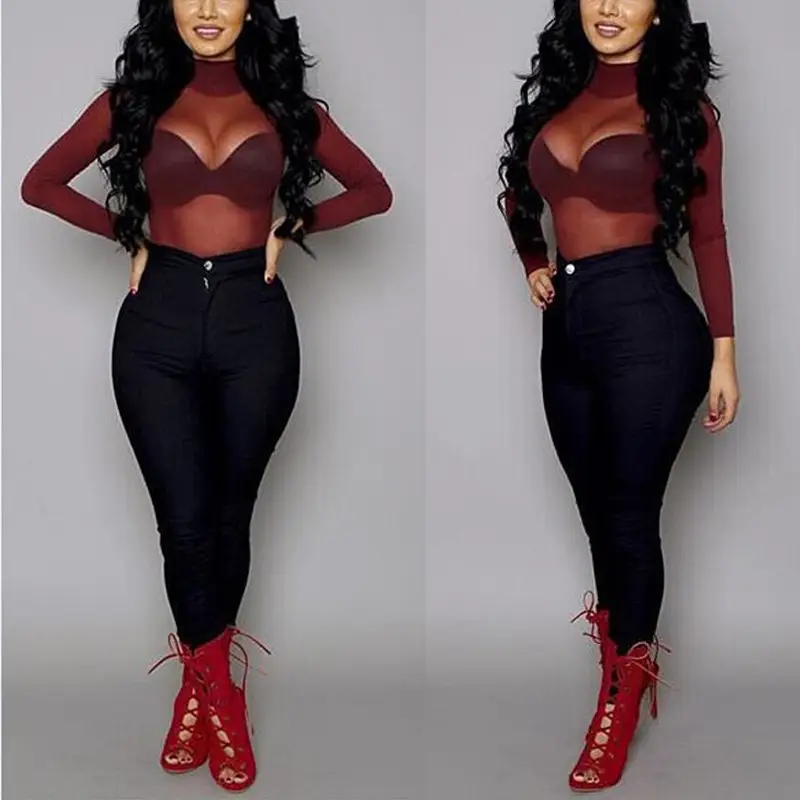 Black See-Through Elastic Top with Long Sleeves for Women - Image 6