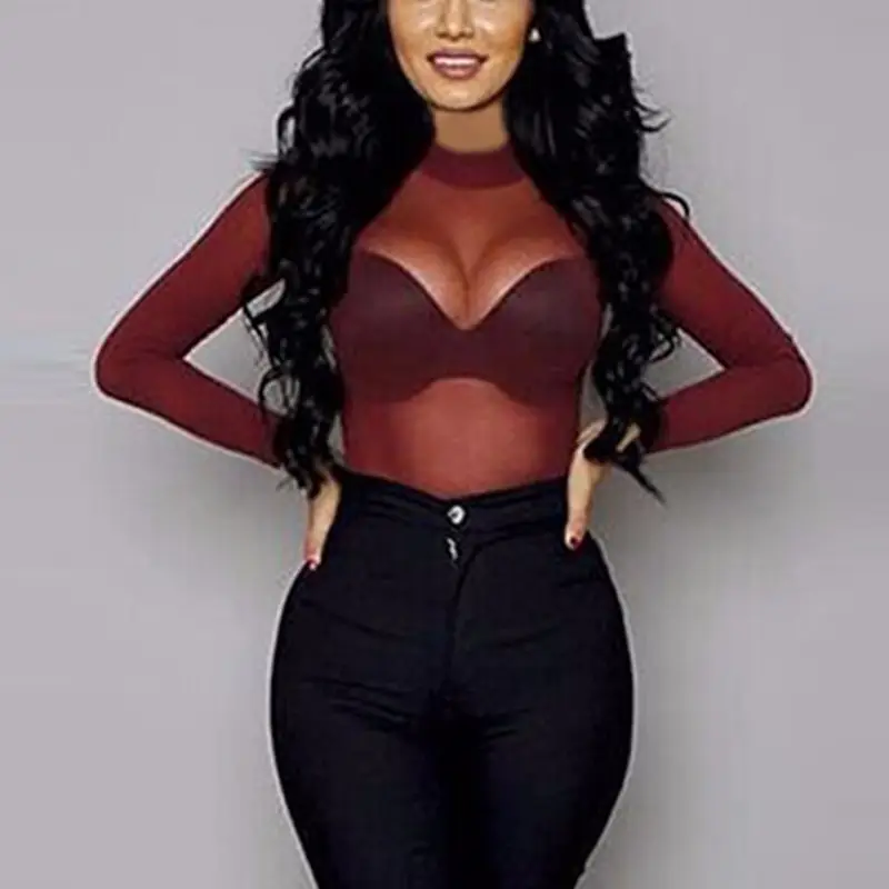 Black See-Through Elastic Top with Long Sleeves for Women - Image 2
