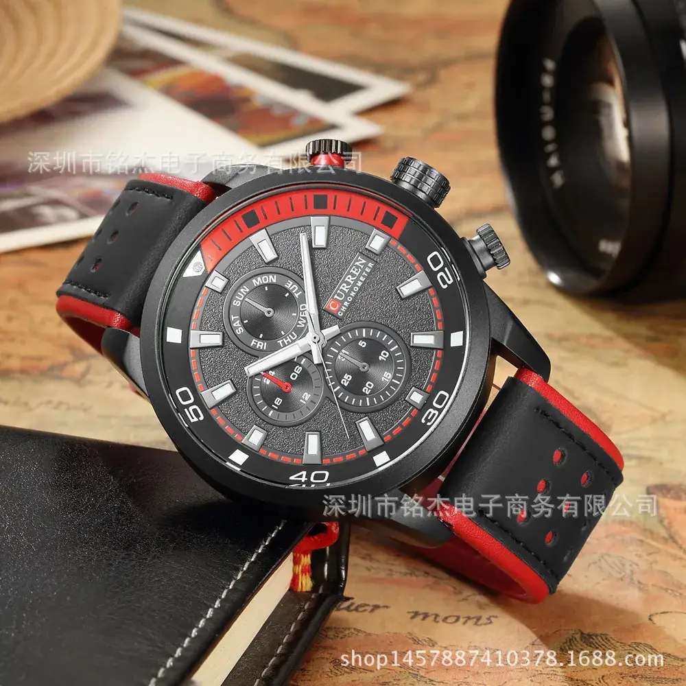 Curren Men's Black Quartz Chronograph Watch with Leather Strap - Image 7