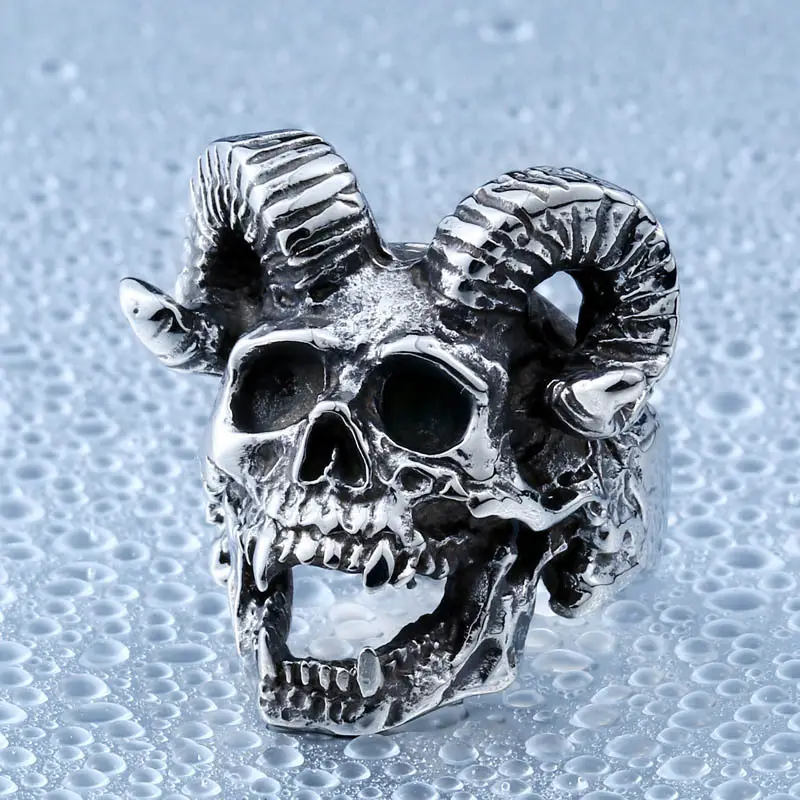Stainless Steel Satan Sheep Head Skull Ring for Men
