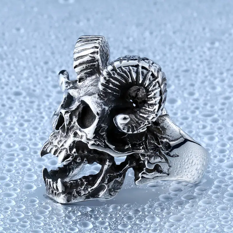 Stainless Steel Satan Sheep Head Skull Ring for Men