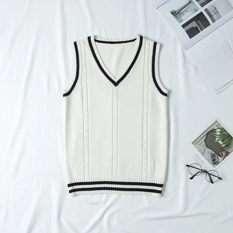 V-Neck Twist Vest Black Cream Men Women - Image 6