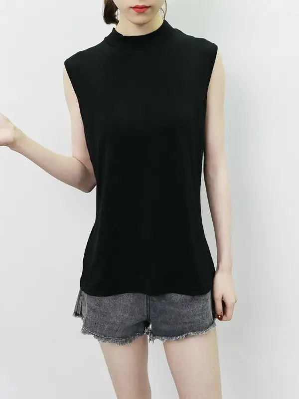 Women's Sleeveless Camisole with Half Collar Beige - Image 8