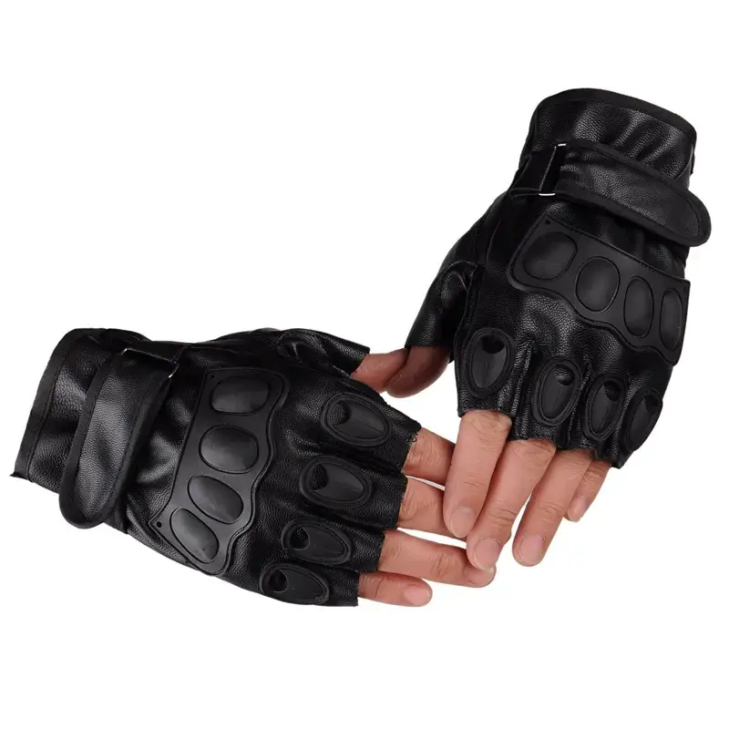Men's Black Leather Half Finger Gloves Cycling Sports - Image 4