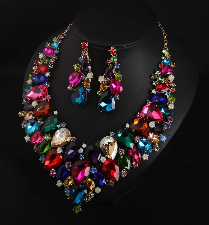 European & American Super Crystal Gem Necklace Earrings Set - Image 4