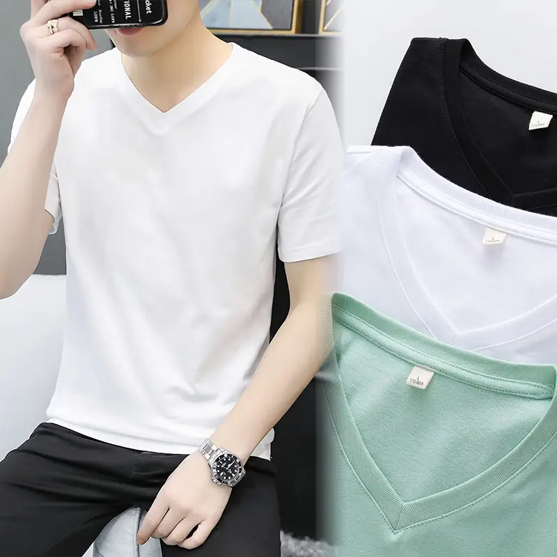 Men V-neck Short Sleeve Green T-Shirt - Image 4