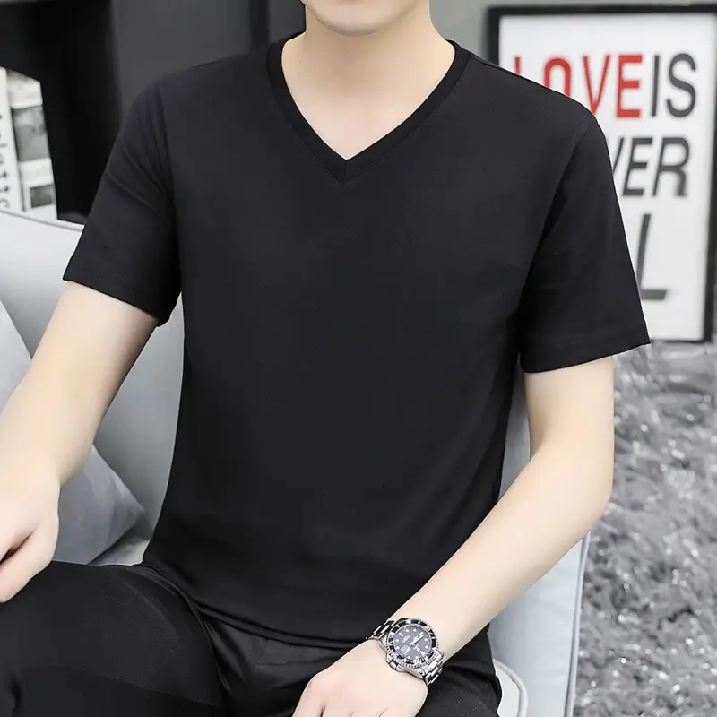 Men V-neck Short Sleeve Green T-Shirt - Image 2