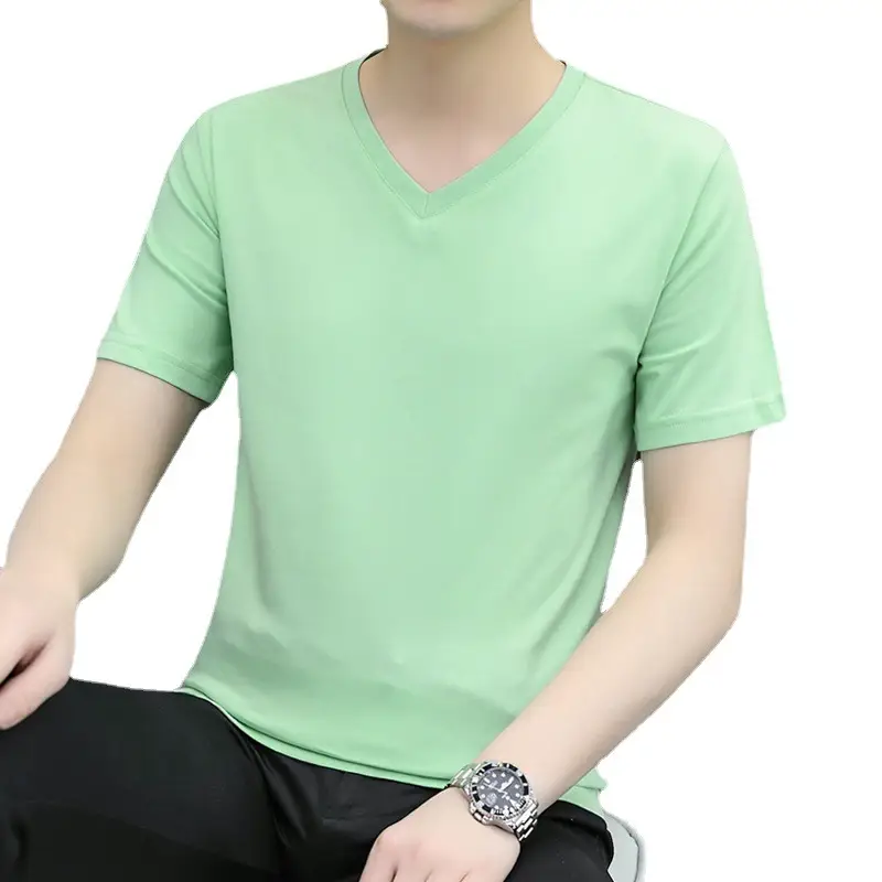 Men V-neck Short Sleeve Green T-Shirt - Image 5