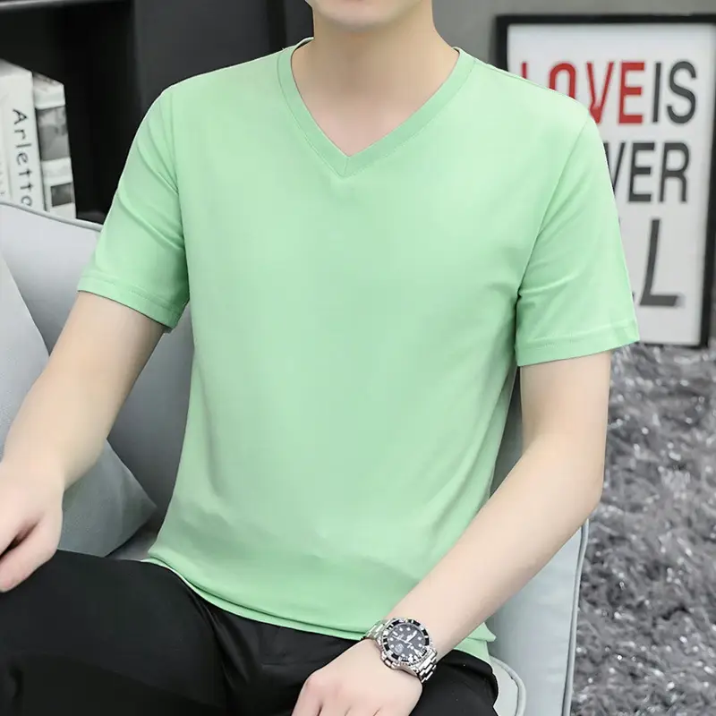 Men V-neck Short Sleeve Green T-Shirt - Image 3