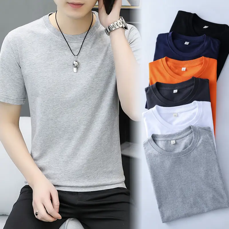 Men Cotton Round Neck T-Shirt Gray Short Sleeve - Image 7