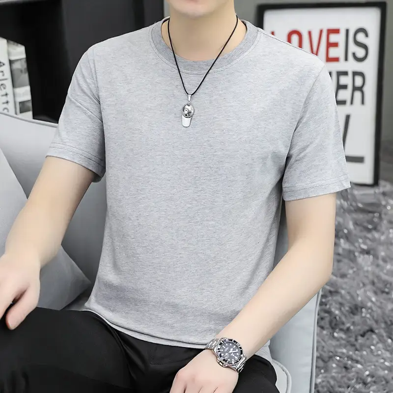 Men Cotton Round Neck T-Shirt Gray Short Sleeve - Image 3