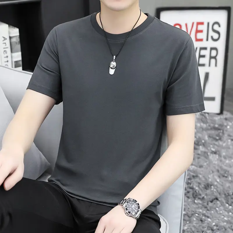 Men Cotton Round Neck T-Shirt Gray Short Sleeve - Image 4