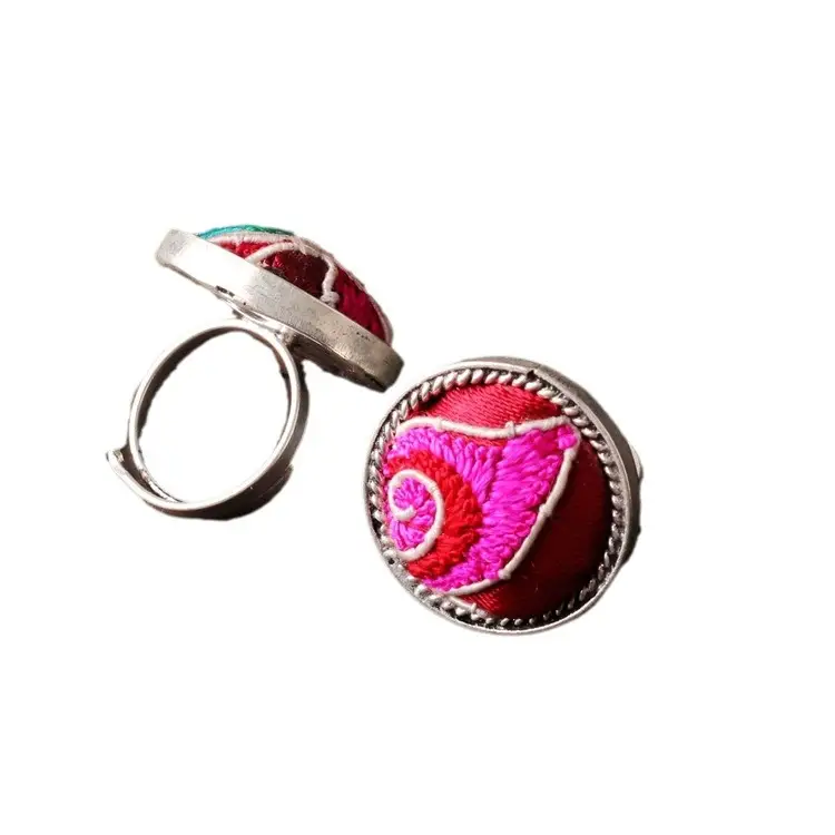 Stall Ethnic Miao Silver Ring with Embroidered Design