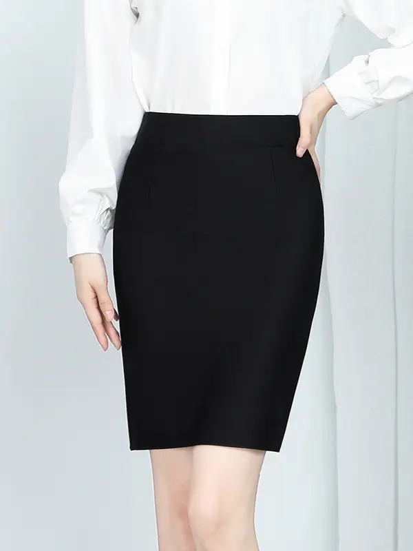Black Elastic Slimming Skirt Mid-Height Professional Work Plus Size - Image 4
