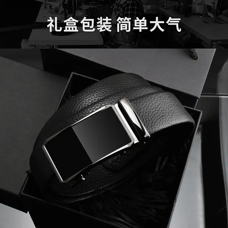 Men's Black Leather Belt with Automatic Buckle