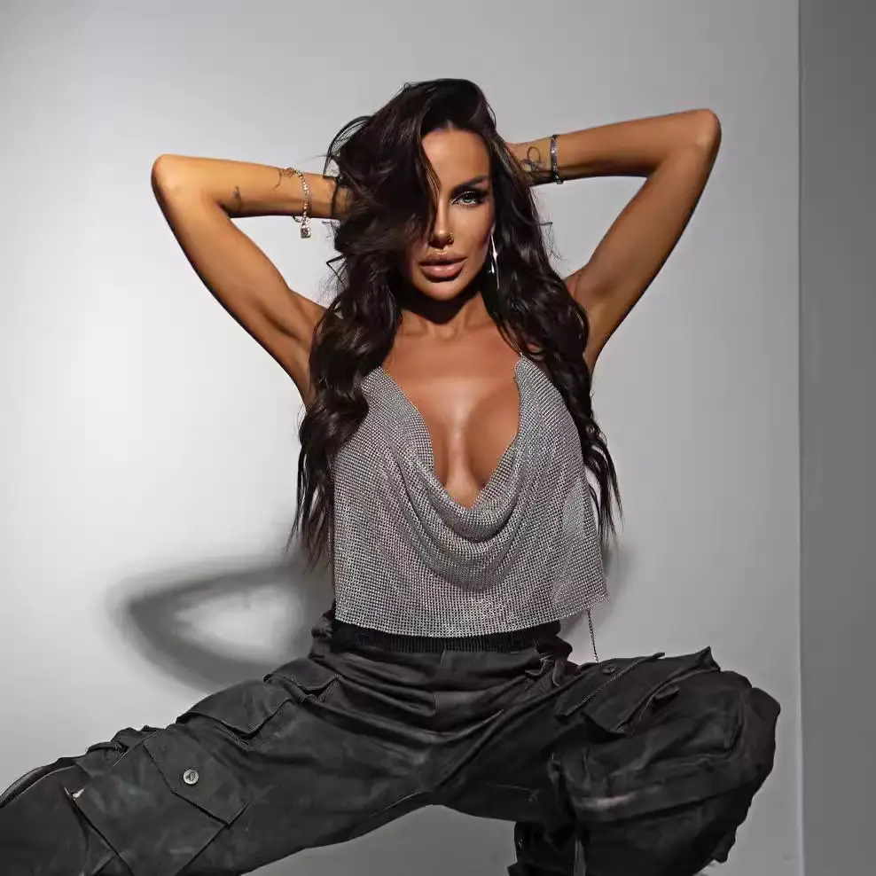 Metal Diamond Halter Vest Low Cut Deep V Sexy Gold - Image 6