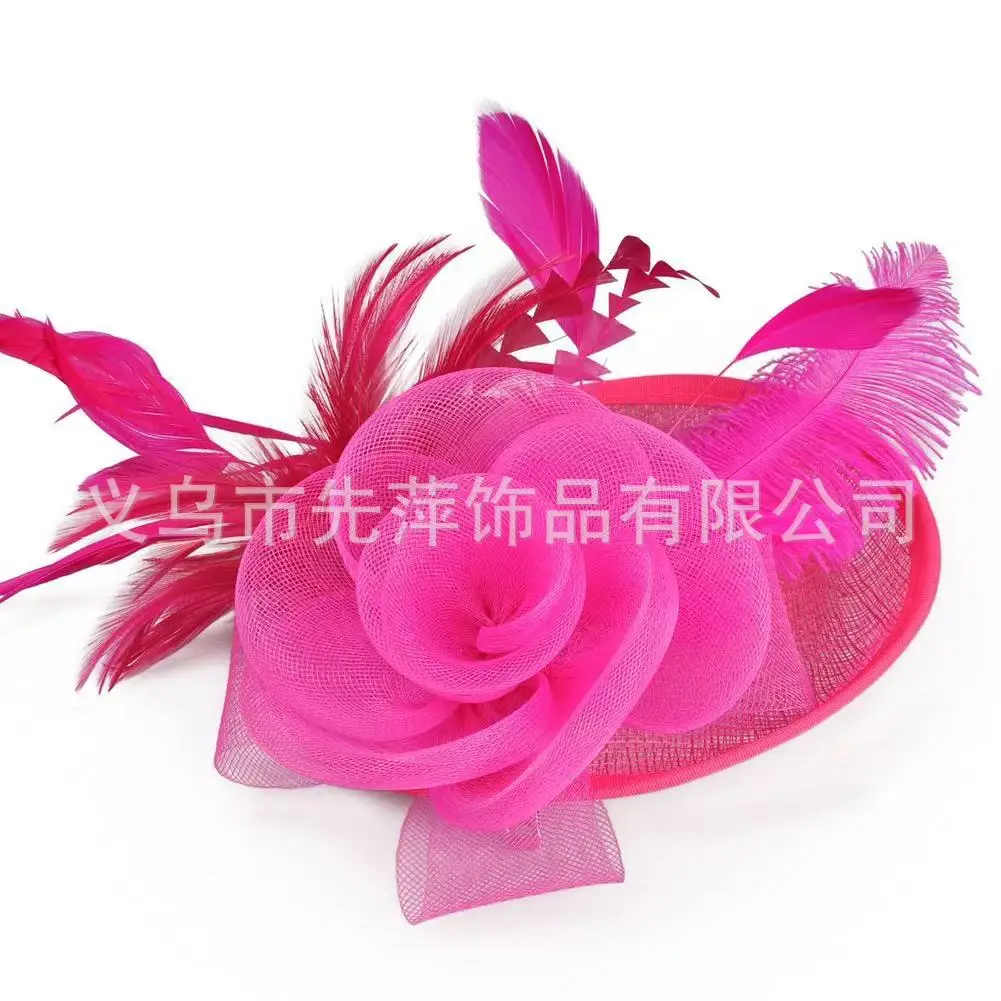 Pink Feather Mesh Bridal Hat for Women - Image 7