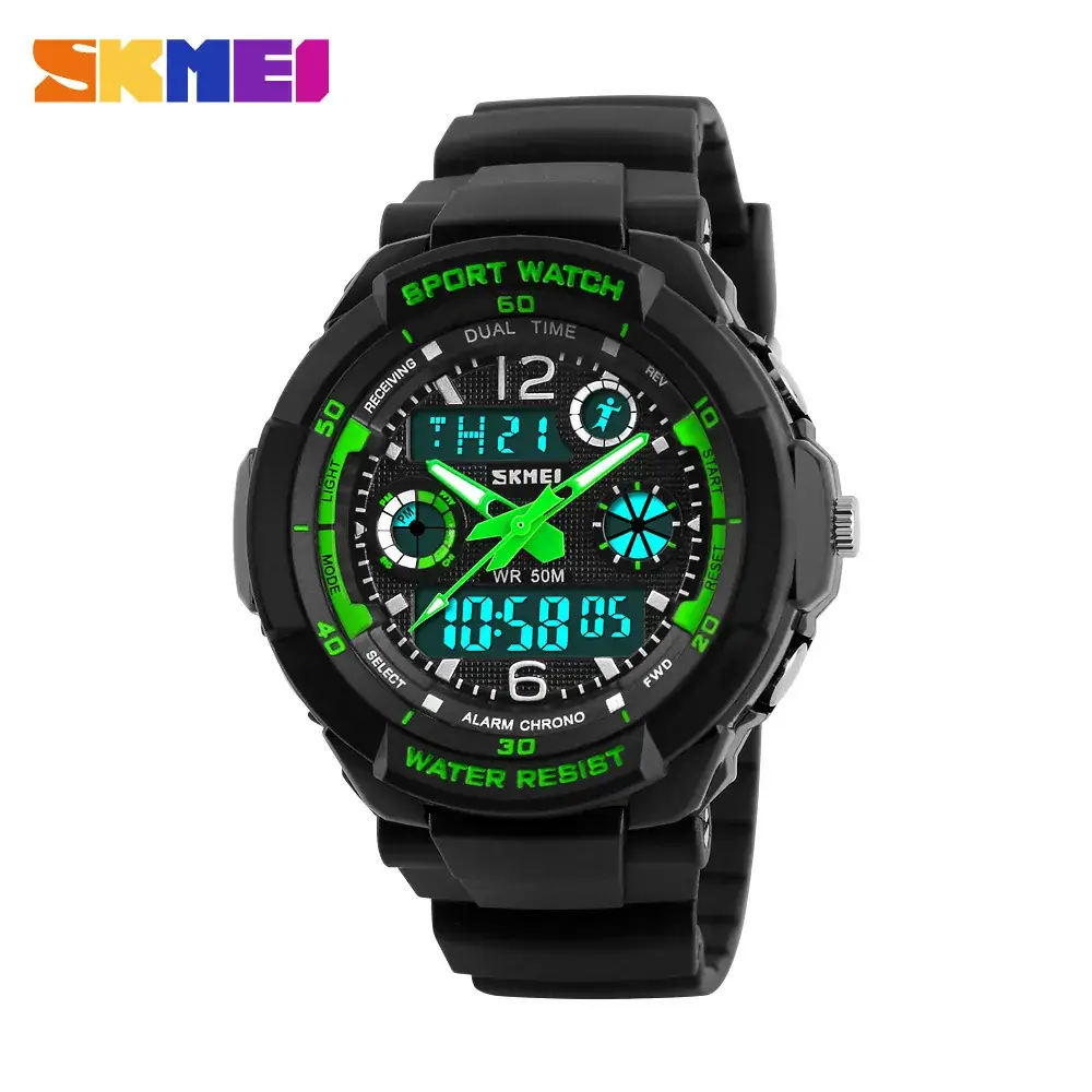 Waterproof Men's Digital Watch with Green Display