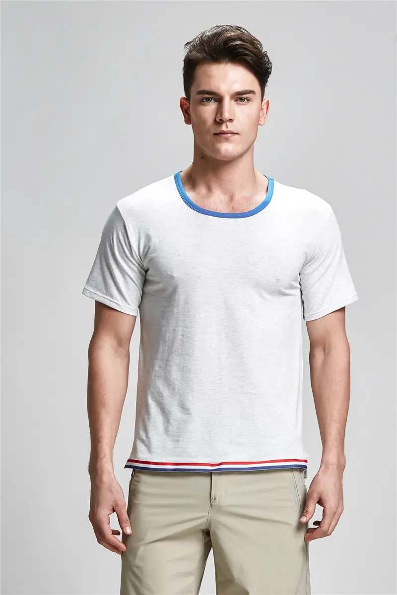 Men Cotton T-Shirt Orange White Blue Trim Casual Unisex
