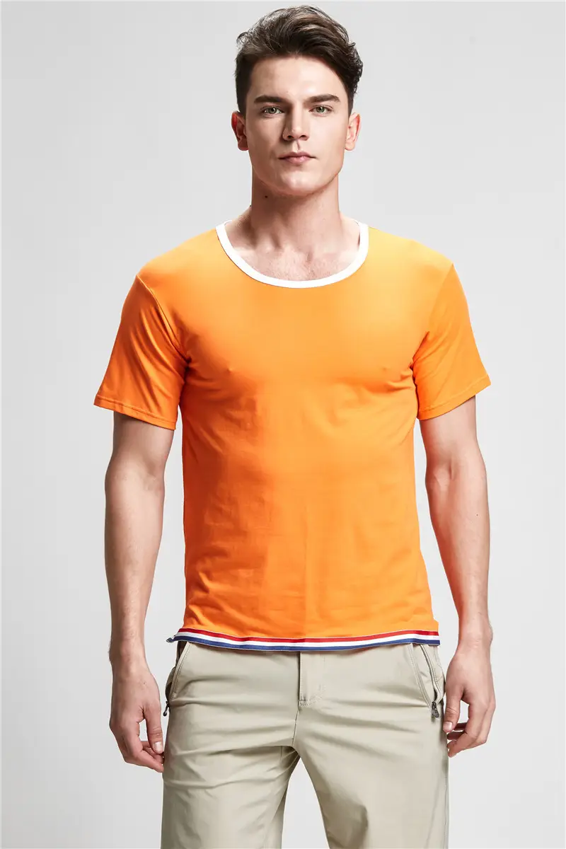 Men Cotton T-Shirt Orange White Blue Trim Casual Unisex
