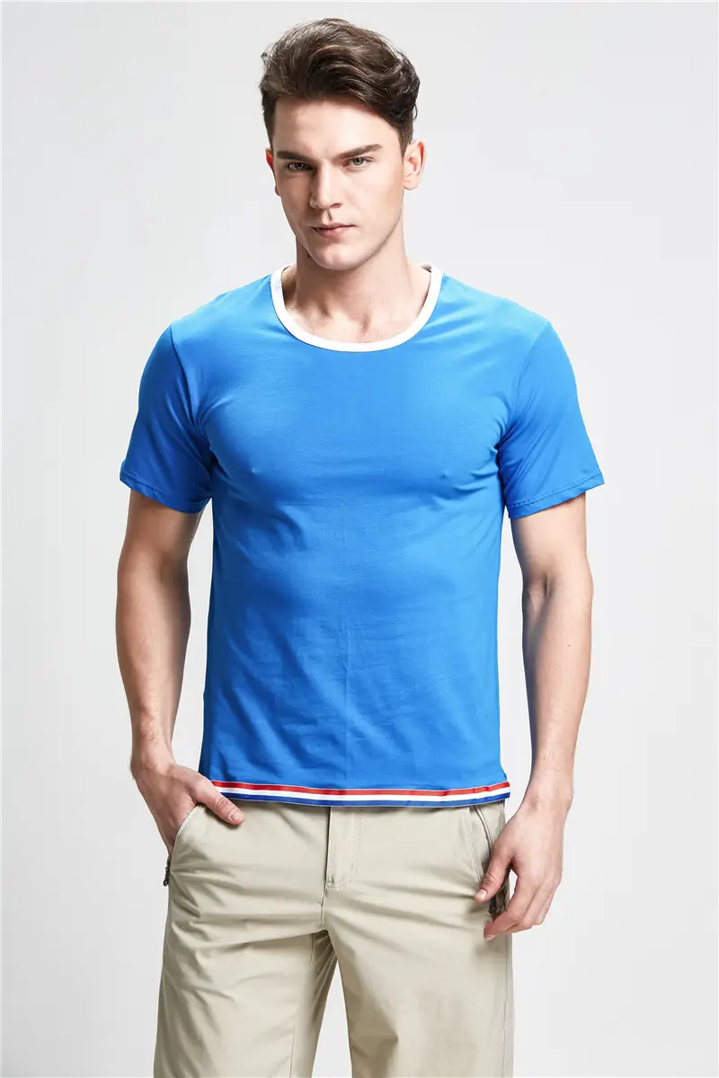 Men Cotton T-Shirt Orange White Blue Trim Casual Unisex