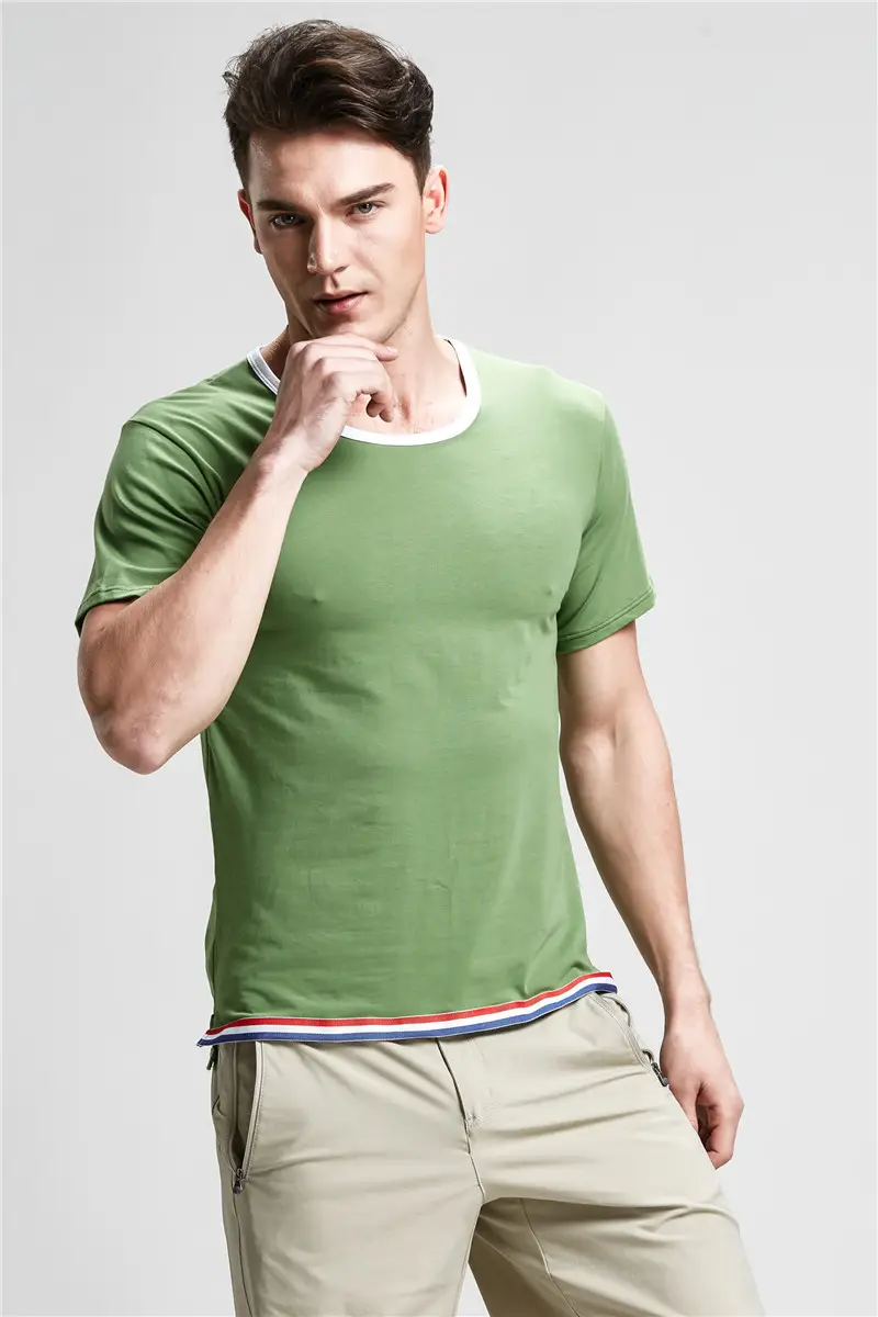 Men Cotton T-Shirt Orange White Blue Trim Casual Unisex